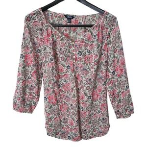 Chaps Denim Womens Large Pink Floral Cotton Gauze 3/4 Sleeve Henley Blouse Top